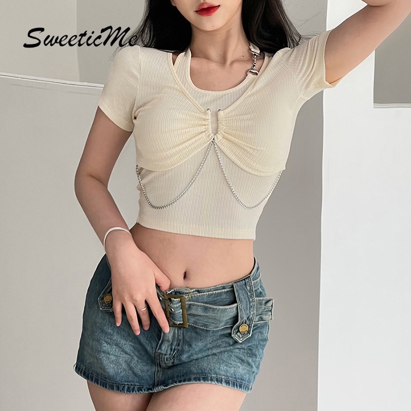 Áo Thun Croptop Mỏng Tay Ngắn Cổ Yếm Màu Trơn Phong Cách Đường Phố Thời Trang Cho Nữ