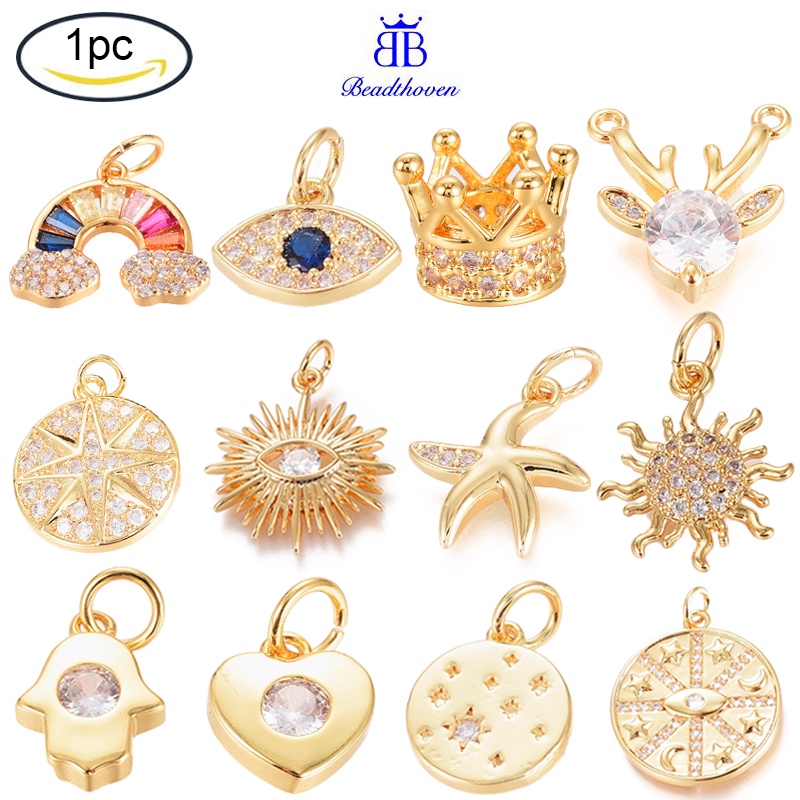 Mặt dây chuyền đồng thau đính đá CZ mạ vàng 18K thật có khoen tròn mở 7.5~23x7~20.5x1~3.5mm 6~18.5x3~11mm lỗ 1~5.5mm