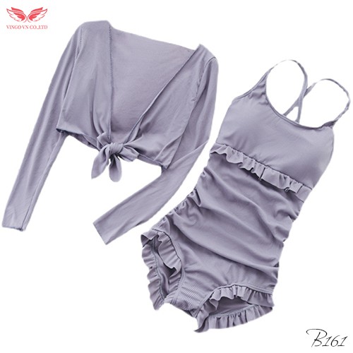 VINGO Sét Đồ Bơi Bikini Nữ Hai Mảnh Áo Dài Tay Khoác Buộc Eo Kèm Váy Hai Dây Liền Thân Chất Liêu Thun B161 VNGO