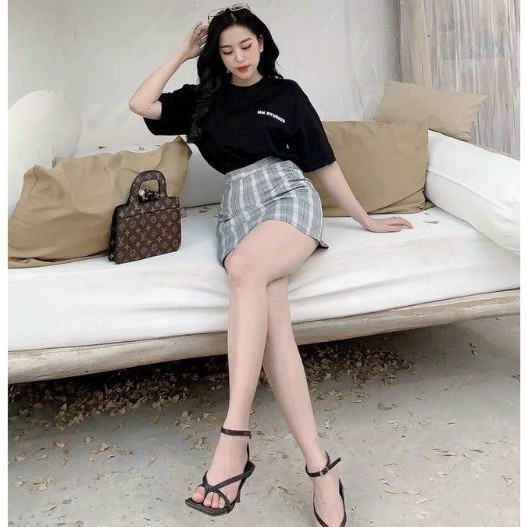 Set Chân Váy Kẻ Kèm Áo Phông Đen Xinh Xắn 💖FREESHIP💖 Set Áo Thun Nữ Mix Chân Váy Kẻ Caro Hot | BigBuy360 - bigbuy360.vn