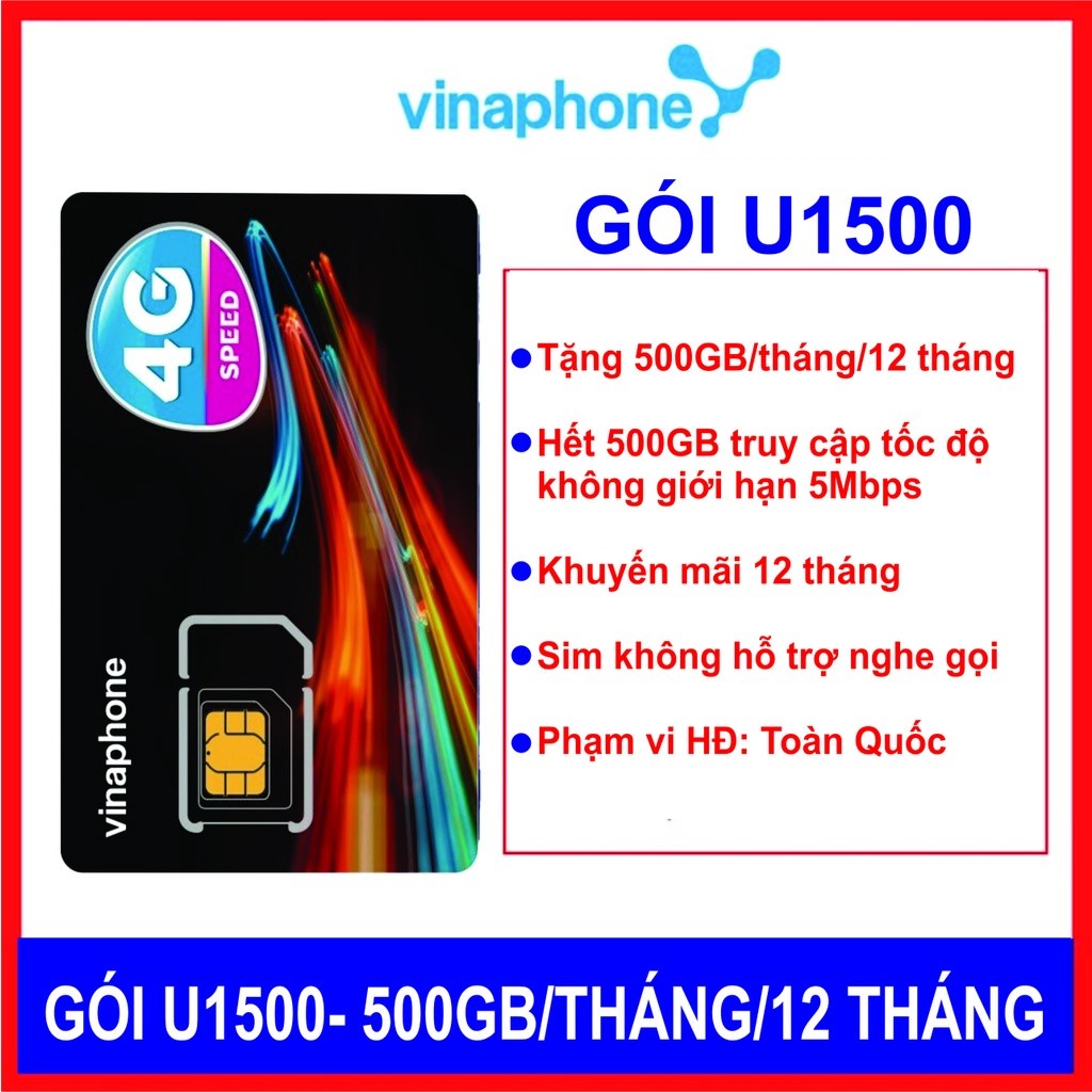 Sim 4G Vinaphone Ezcom U1500 Trọn Gói 12 Tháng Tặng 500GB Truy Cập Tốc Độ 5mbps Không Giới Hạn