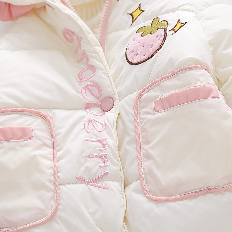 Áo Khoác cotton Dày Dặn Màu Trơn Họa Tiết Dâu Tây Dễ Thương Phong Cách Hàn Quốc Cho Bé Gái ^ o ^
