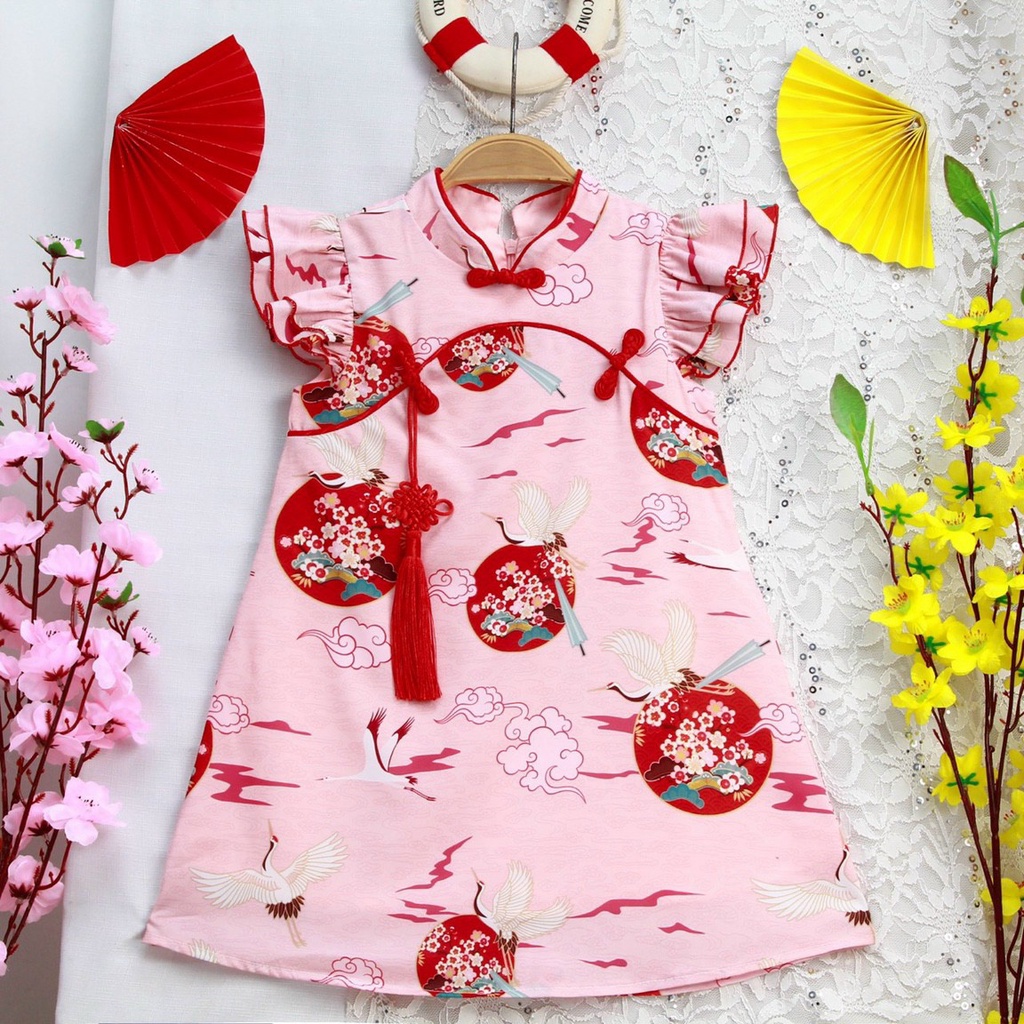 Đầm sườn xám đẹp cho bé gái mặc tết họa tiết chim hạc size 12-35kg hàng thiết kế cao cấp
