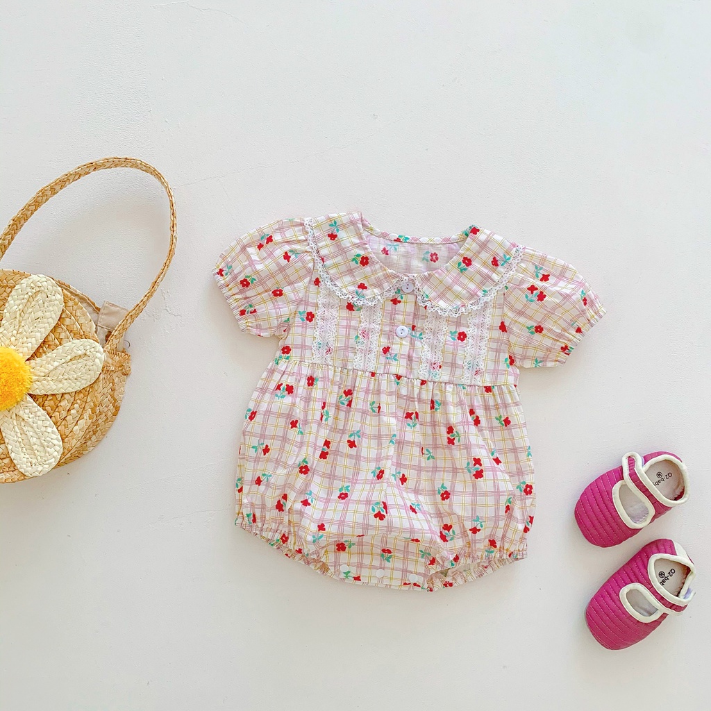 Bộ Áo Liền Quần Ngắn Tay Phối Ren In Hoa Thời Trang Mùa Hè Cho Bé Gái Sơ Sinh