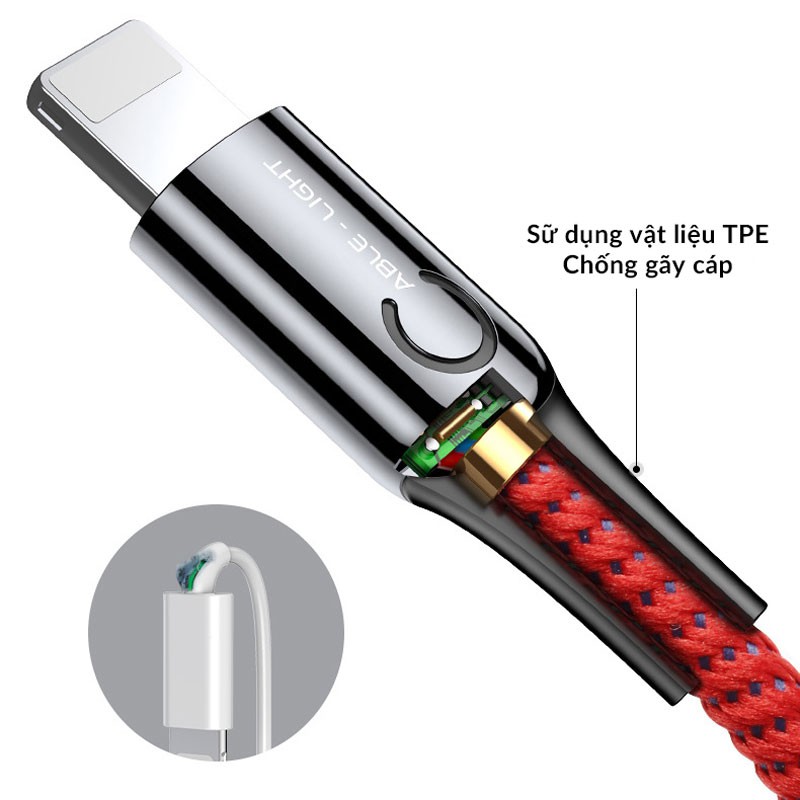 Cáp Sạc iPhone Tự Ngắt Khi Đầy Pin, Sạc Nhanh 2.4A, Bện Nylon Siêu Bền, Dài 1M, Đèn Báo Hiệu Khi Sạc