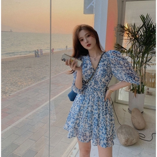 Đầm chiffon dài cổ chữ v xếp ly in họa tiết hoa phong cách pháp