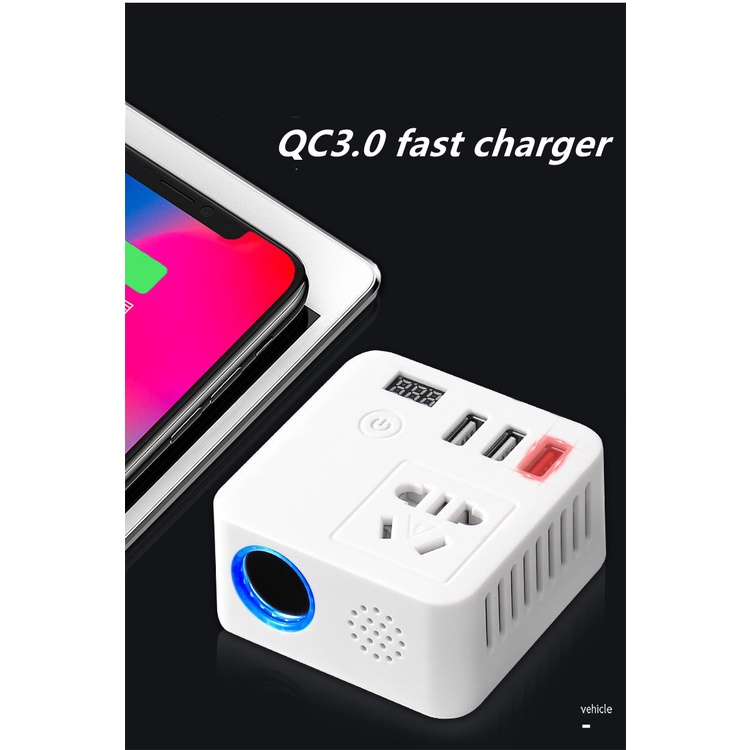 Bộ Chuyển Đổi Nguồn Điện 150W 12V / 24V Sang 220V QC3.0 + Túi Bật Lửa Cho Xe Hơi