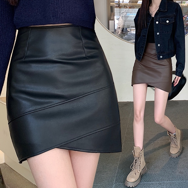 Chân váy Suxi da pu lưng cao dáng chữ A thời trang thu đông Hàn Quốc