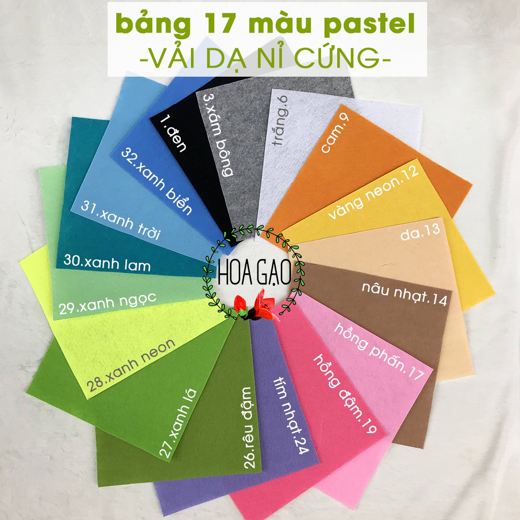 Combo 17 màu pastel set vải nỉ cứng, vải dạ HOA GẠO GNCBA làm treo nôi, sách vải, móc khoá giáo cụ mầm non không xù lông