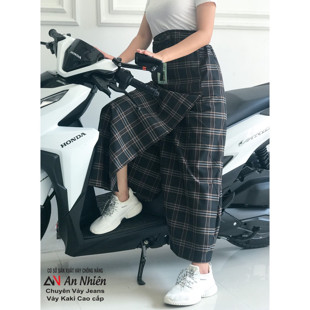 Váy chống nắng loại xẻ tà chất liệu vải KAKI Bông mềm mại co giãn tốt xòe to dài cố định bằng miếng dán kết hợp nút bấm