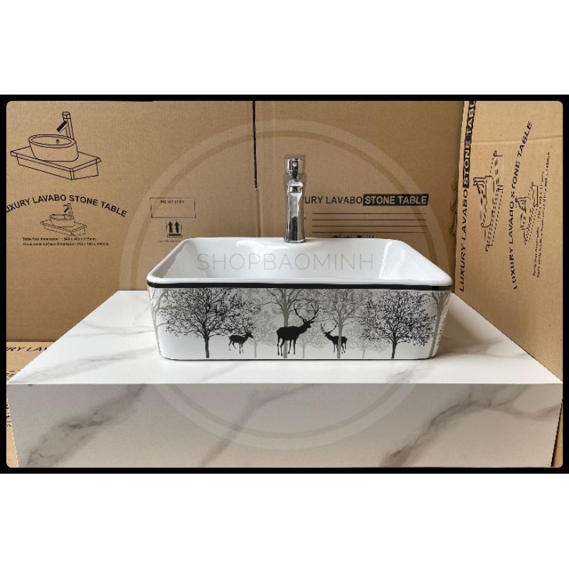 Chậu rửa mặt - Lavabo chữ nhật đặt bàn 609 họa tiết hươu đen cao cấp (KT48x37cm)