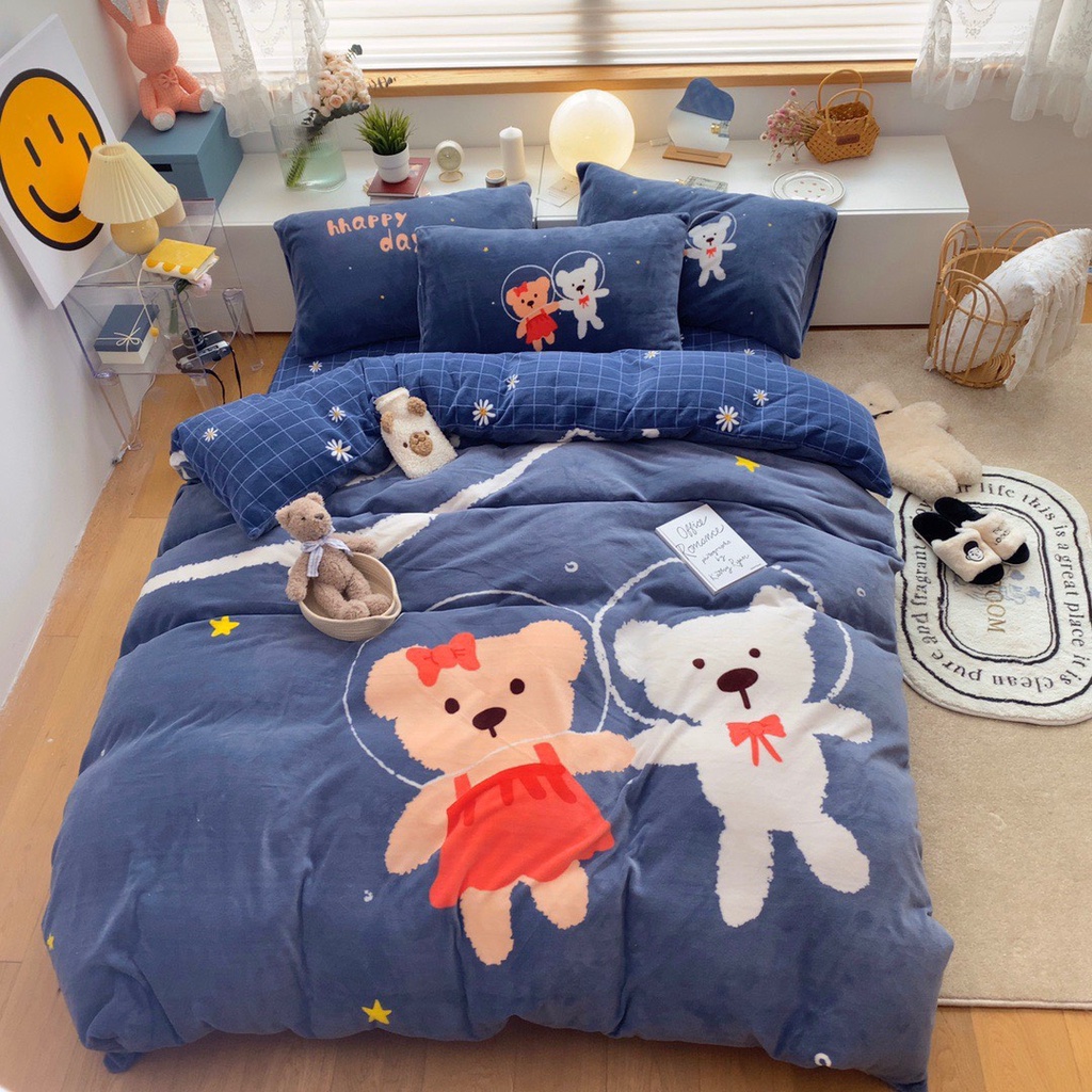 Bộ Chăn Ga Nỉ Nhung 5D Mịn Hoạ Tiết Cho Bé