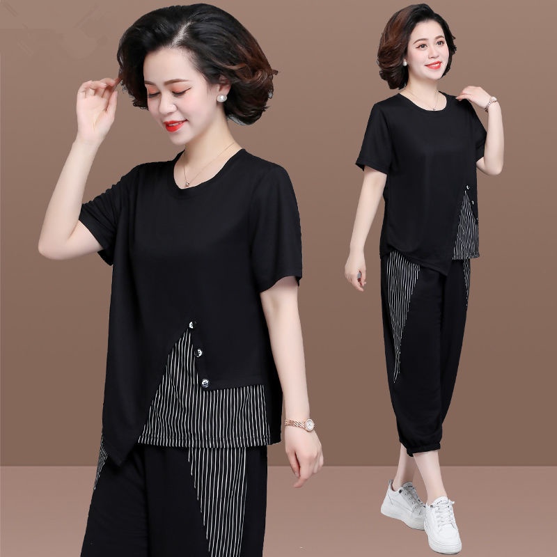Bộ Áo Thun Ngắn Tay + Quần Dài Thời Trang Phong Cách Phương Tây Cho Phụ Nữ Trung Niên 40-50 Tuổi