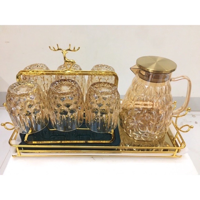 Bộ cốc thủy tinh cao cấp kèm bình nước và giá úp