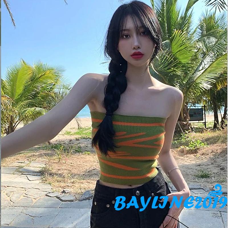 Áo Croptop Dệt Kim Không Tay Hở Vai Họa Tiết Kẻ Sọc Màu Xanh Lá Thời Trang Đường Phố Cho Nữ