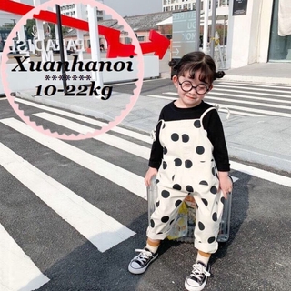Set quần yếm kaki áo cotton thun chấm bi bé gái XHN375