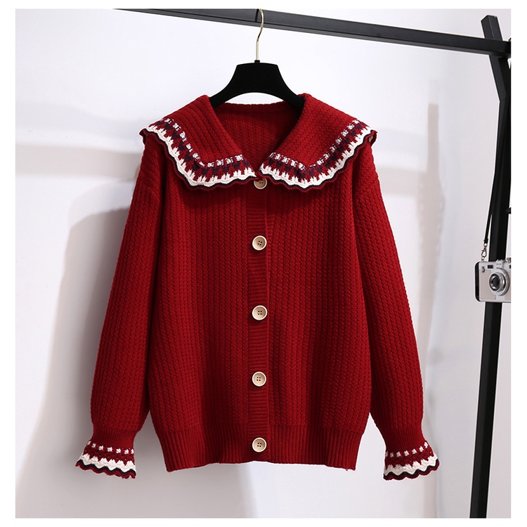 Set áo len có cổ kiểu sơ mi đóng cúc kèm chân váy xòe xếp ly. . Áo len nữ mix chân váy ngắn.