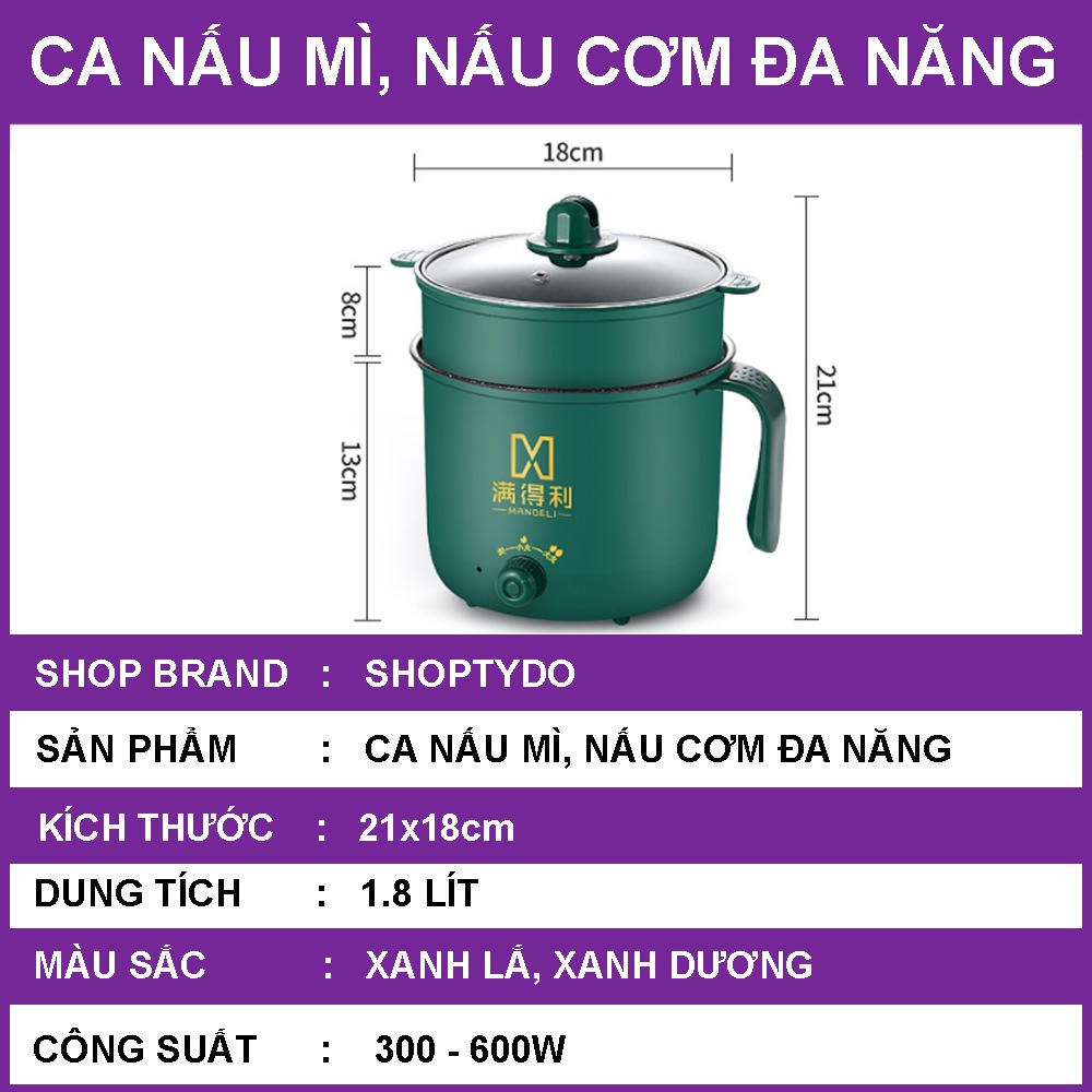 Ca nấu mì hai tầng cầm tay đa năng mini siêu tốc dung tích 1.8 lít, nồi nấu cơm, nấu lẩu, nấu đa năng tiện lợi