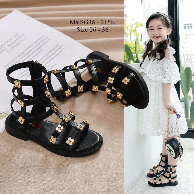 Sandal chiến binh bé gái 3 - 12 tuổi cổ cao khóa kéo đi tiệc trình diễn thời trang màu ĐEN - XD15