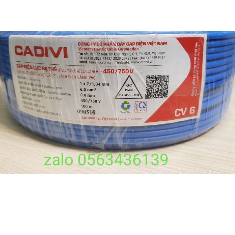 Dây điện Cadivi CV 6.0 cuộn 100m, dây đơn