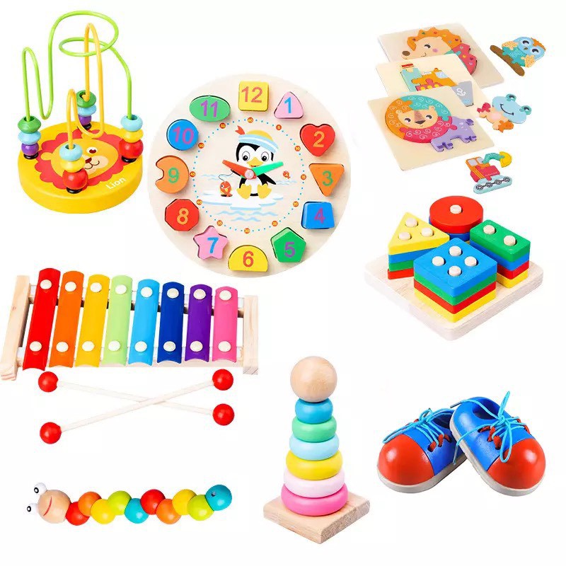 Set 3-6 Món Đồ Chơi Giáo Dục Benrikids Bằng Gỗ Phát Triển Trí Tuệ: Giày Gỗ, Tranh Ghép, Luồn Hạt, Xâu Hạt,...