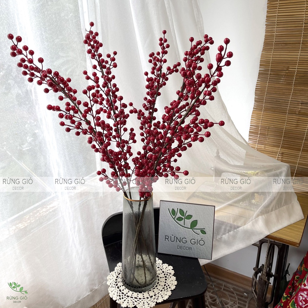 Cành ĐÀO ĐÔNG ĐỎ 12 nhánh dài 90cm (ẢNH THẬT - HÀNG ĐẸP), giá bán cho 1 cành, Cherry đỏ nhân tạo trang trí decor