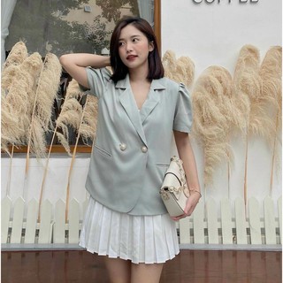 [SALE] SET VEST XANH NGỌC NGẮN TAY+ CHÂN VÁY  NGẮN XẾP LY TRẮNG -VEST CÓ TÚI 2 NÚT CỰC SANG CHO CÁC NÀNG - Freesize- Nu.