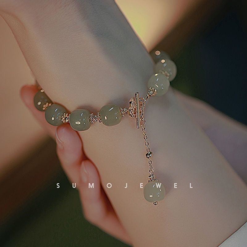 Mới Vòng Tay Chuỗi Hạt Đá 8mm Phong Cách Hetian Cổ Điển Sang Trọng Cho Nữ