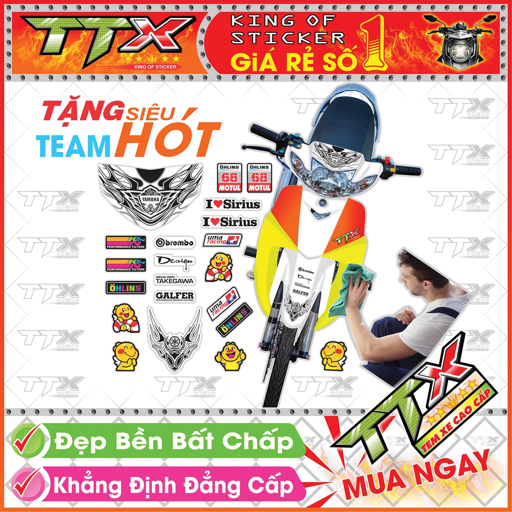 Tem Xe Sirius Trắng Đen - Tem Sirius Lửa Trắng Siêu Đẹp - Mẫu Team Sirius Đen Trắng