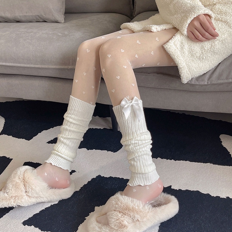 Tất ống chân dệt kim giữ ấm đính nơ phong cách lolita Nhật Bản cho nữ