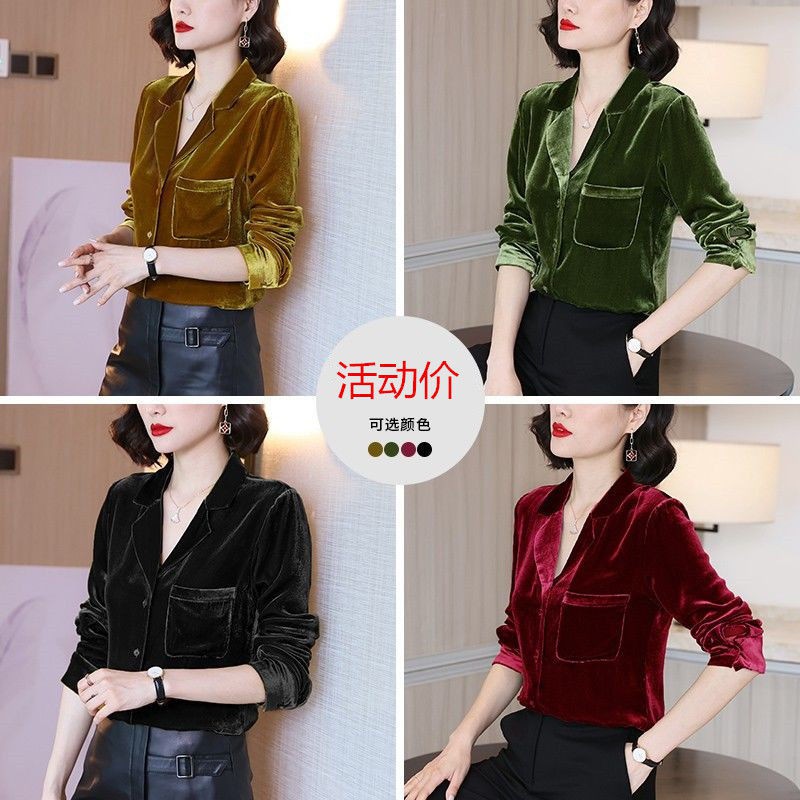 Áo nhung tay dài cổ chữ v phối nút phong cách cổ điển thời trang cho nữ