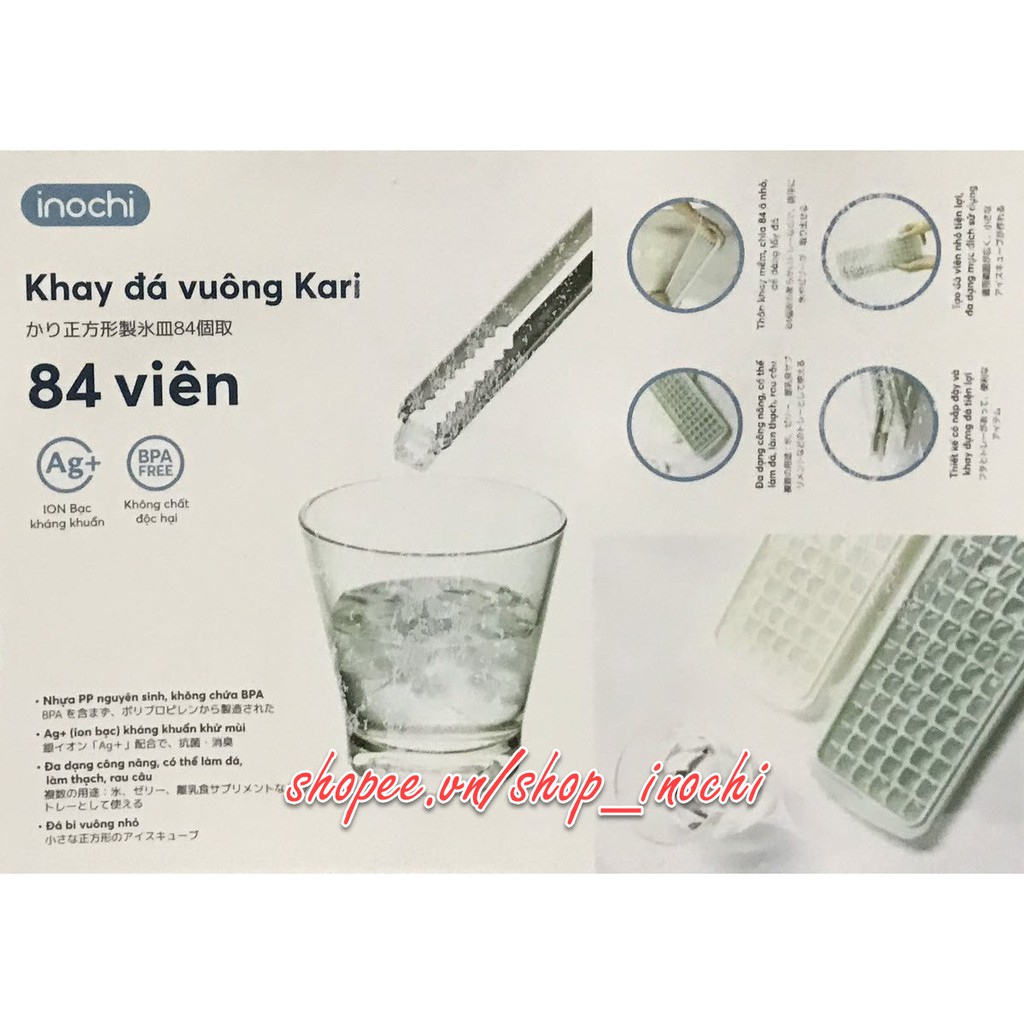 Khay đá vuông Kari 84 viên Inochi (có hộp) - Công nghệ kháng khuẩn, Chất liệu nhựa bền dẻo linh hoả, Chất lượng Nhật Bản