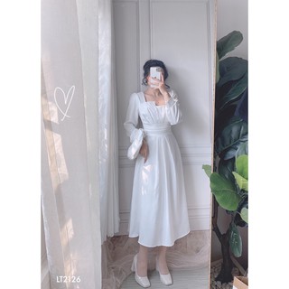 Đầm Midi Trắng Xếp Li Ngực