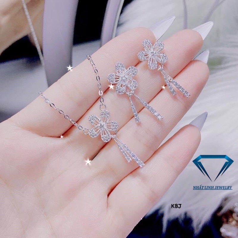 Bộ trang sức nữ bạc ta mặt hoa đính đá dáng dài sang chảnh - Kho sỉ bạc Nhất Linh