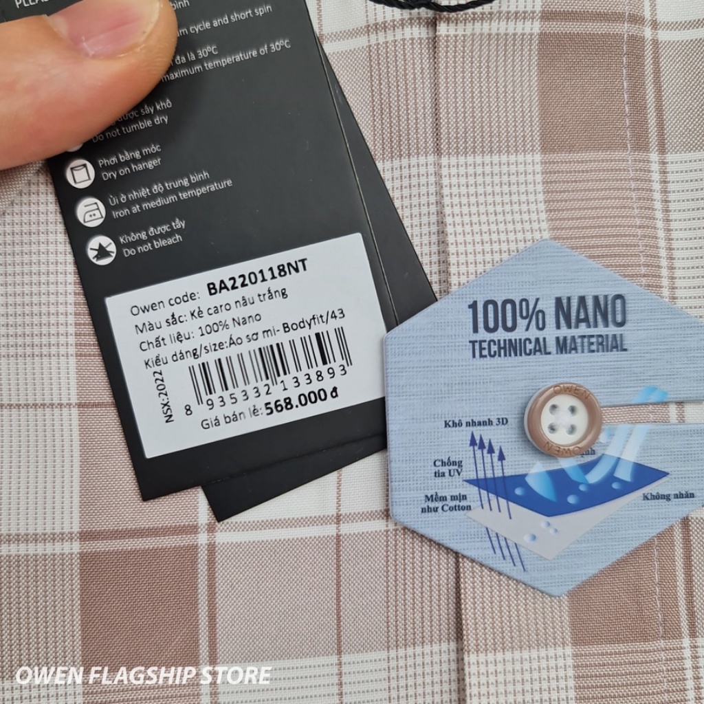 Áo sơ mi nam ngắn tay OWEN BA220118NT somi công sở vải nano cao cấp màu caro lớn nâu trắng dáng suông tà bằng có túi