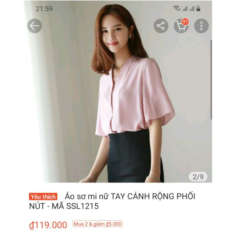 ÁO SƠ MI CÔNG SỞ TAY RỘNG PHỐI NÚT - MÀU HỒNG