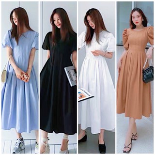 Đầm midi, váy xoè cổ tròn xếp li 4 màu