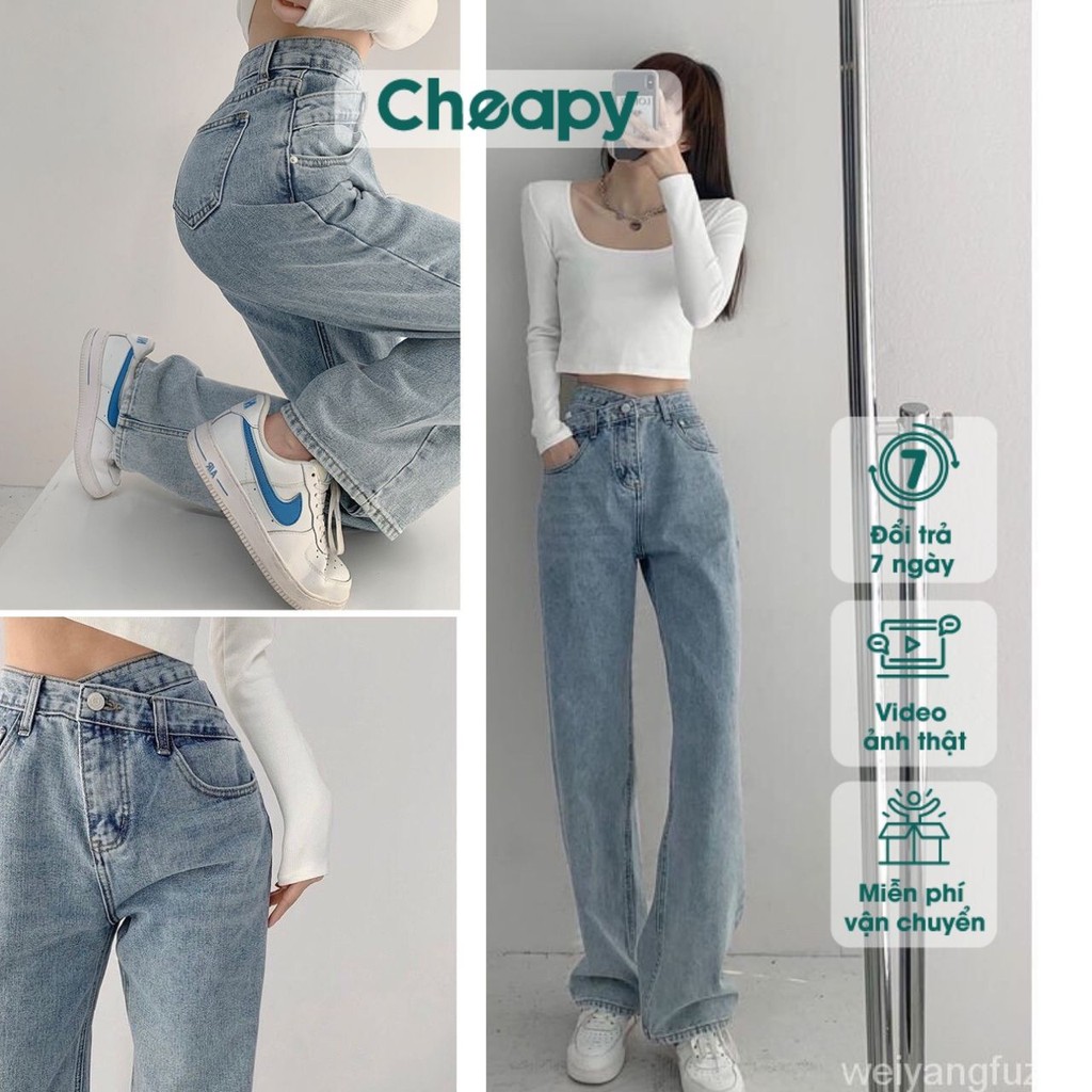 Quần jean bò nữ Cheapy cạp lệch ống suông eo cao hack chân chất jean mài phong cách Hàn Quốc C480