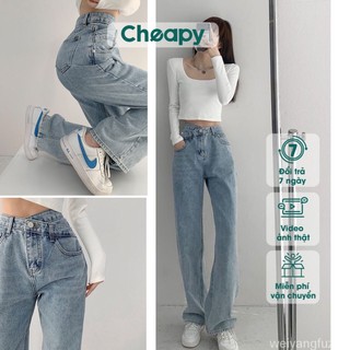 Quần jean bò nữ Cheapy cạp lệch ống suông eo cao hack chân chất jean mài phong cách Hàn Quốc C480