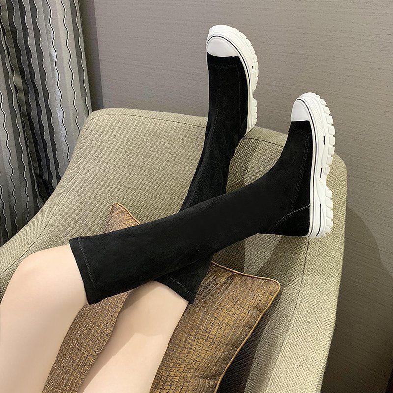 Giày Bốt Martin Da Lộn Cổ Cao Đế Bằng Co Giãn Thời Trang Xuân Thu 2021 Dễ Phối Đồ