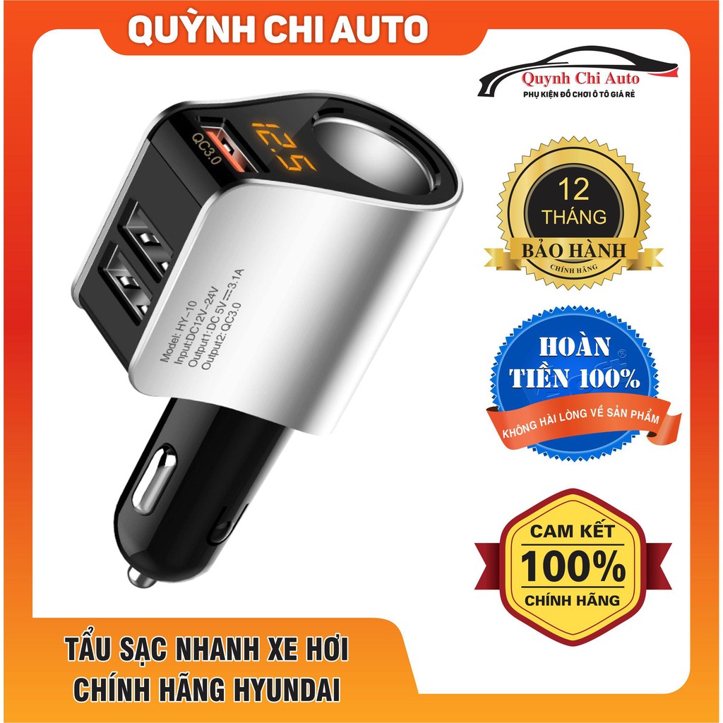 [ Hàng Chính Hãng ] Tẩu sạc nhanh Hyundai chuẩn QC 3.0, tẩu tròn, 3 USB - có đèn LED báo điện áp ac quy