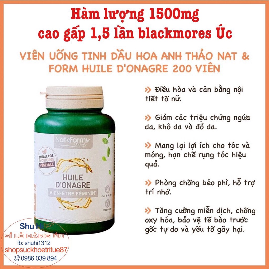 Viên uống tinh dầu hoa anh thảo hữu cơ pháp nat form huile d'onagre 1500mg lọ 200 viên, hỗ trợ cân bằng nội tiết