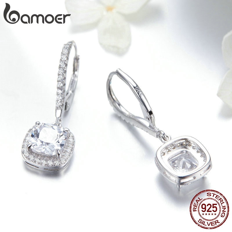 Khuyên tai Bamoer Bạc 925 đính đá zircon hình vuông thời trang cho nữ