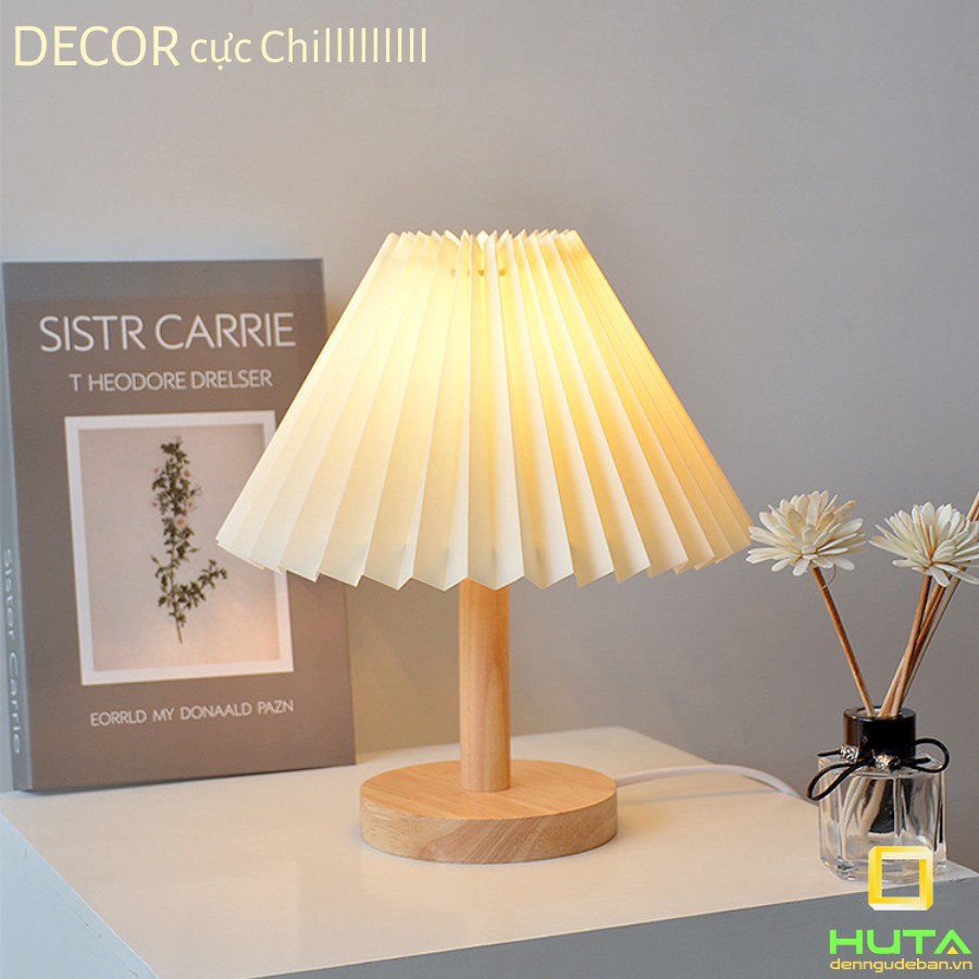 Đèn Ngủ Gỗ Để Bàn Vintage Điều Chỉnh Độ Sáng, Ánh Sáng Led Vàng Ấm, Chao Xếp Ly, Dùng Trang Trí Decor Phòng Ngủ, Mã G5