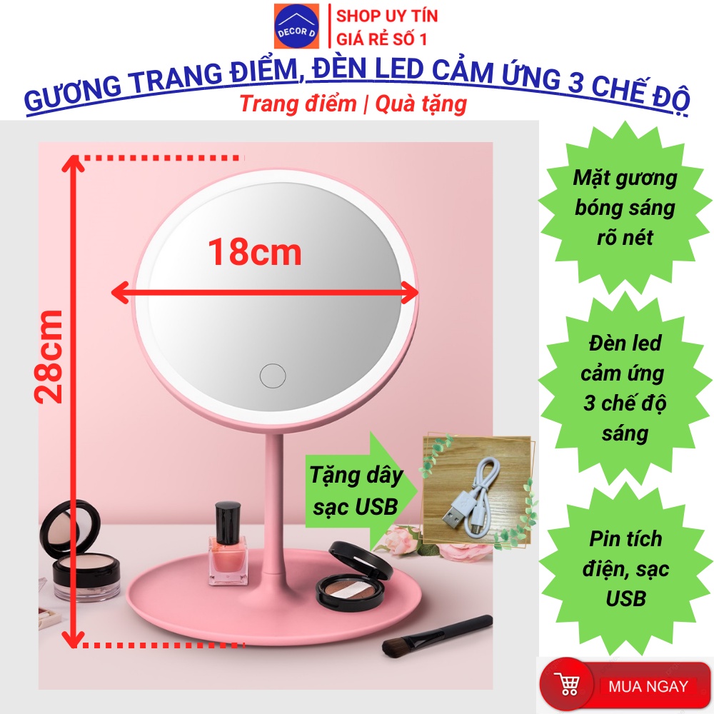 Gương để bàn trang điểm Hàn Quốc phấn mirror đèn Led decor phòng xinh xắn dễ thương