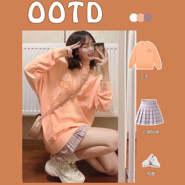 Có sẵn size XL Áo nỉ cherry và chân váy tennis kẻ siu dễ thươngg ✨💫