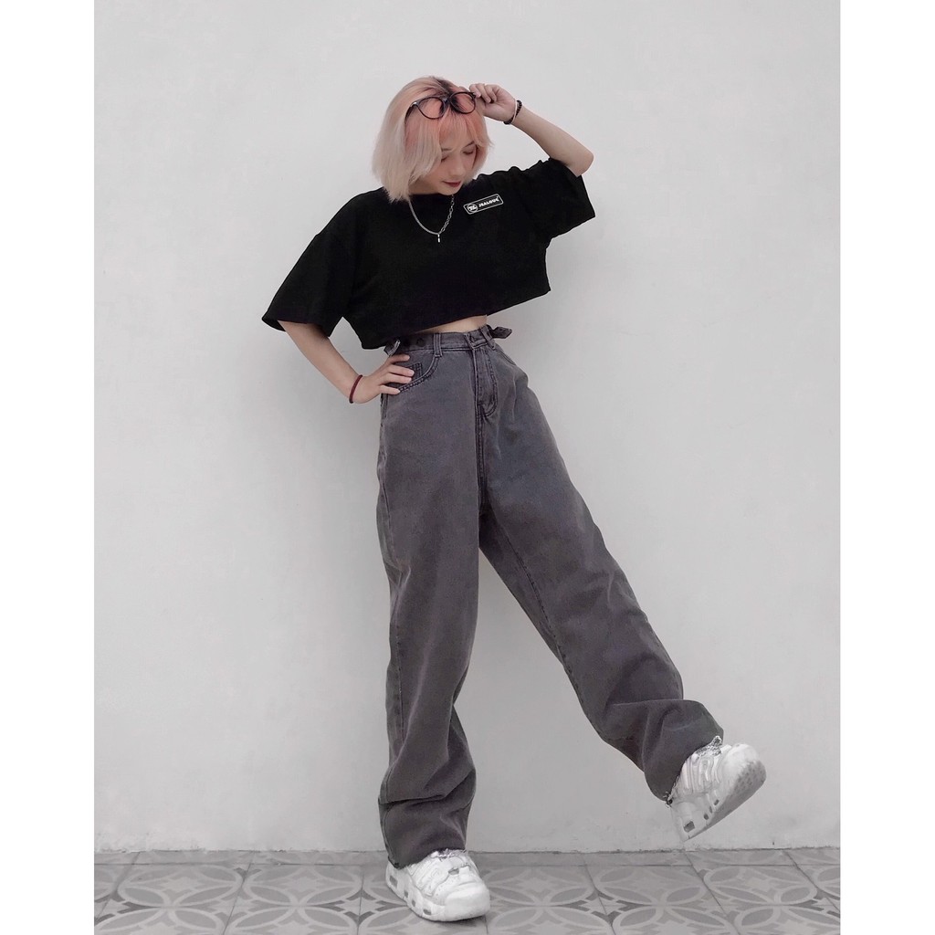 Quần jean nữ ống rộng lưng cao dáng suông xám (ẢNH THẬT) | BigBuy360 - bigbuy360.vn