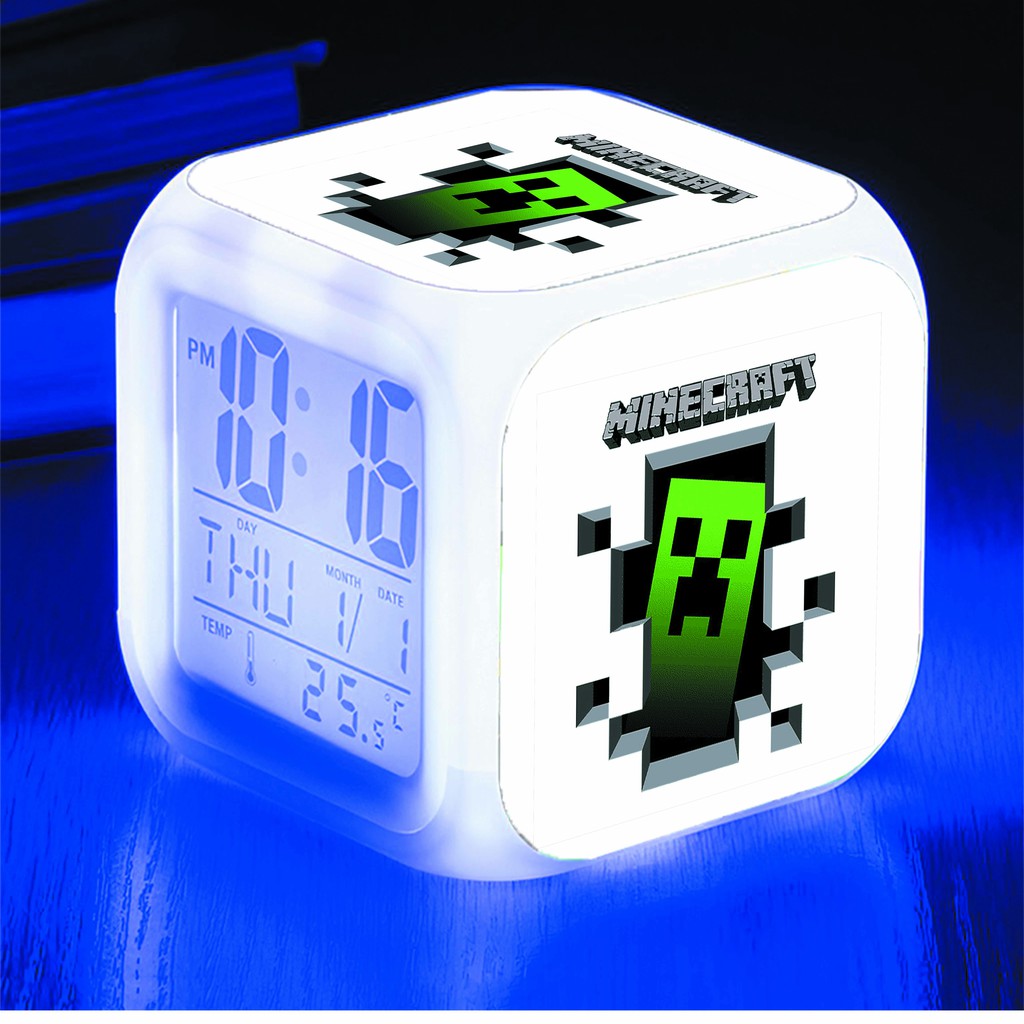 Đồng hồ báo thức để bàn in hình Game Minecraft anime chibi LED đổi màu