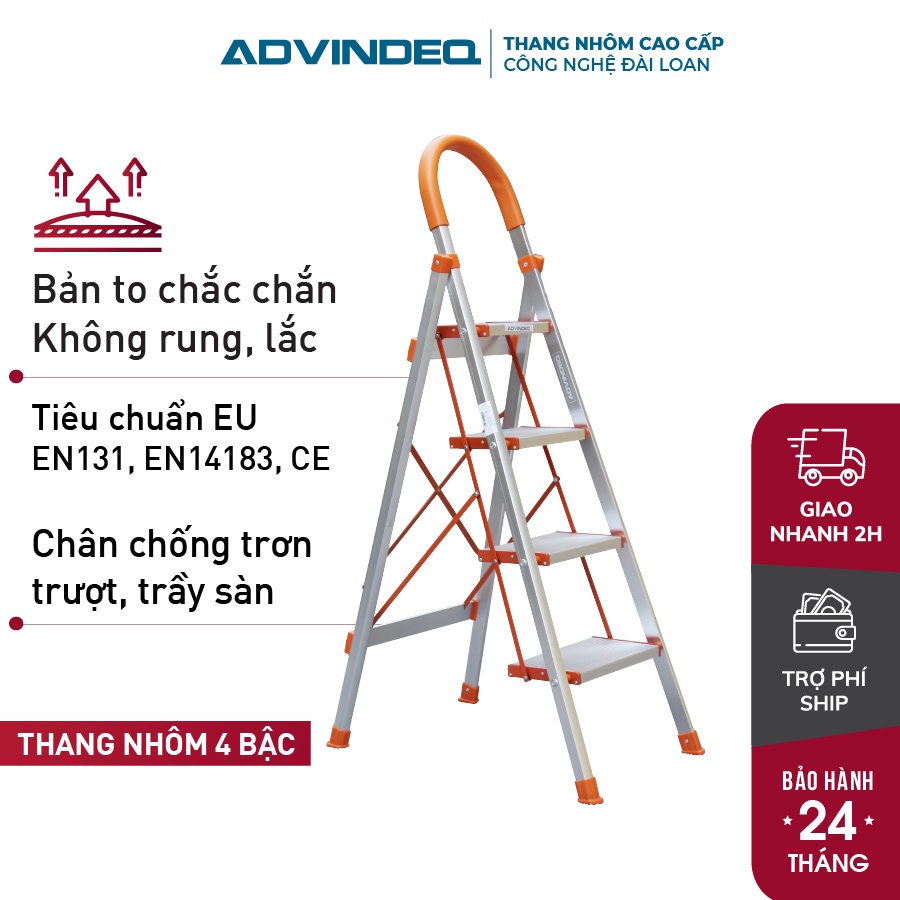 Thang ghế nhôm chữ A bản to 4 bậc tay vịn 1,4M xếp gọn nhập khẩu ADVINDEQ ADS-704, thang ghế gia đình đa năng