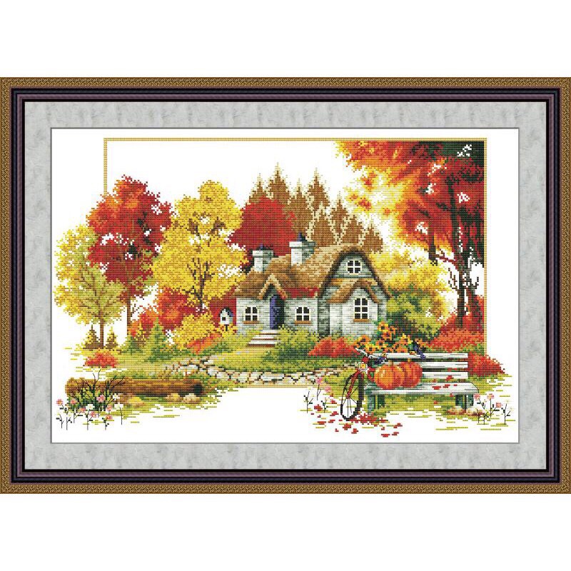 Tranh thêu chữ thập Ngôi nhà mùa thu - xe đạp  chưa thêu